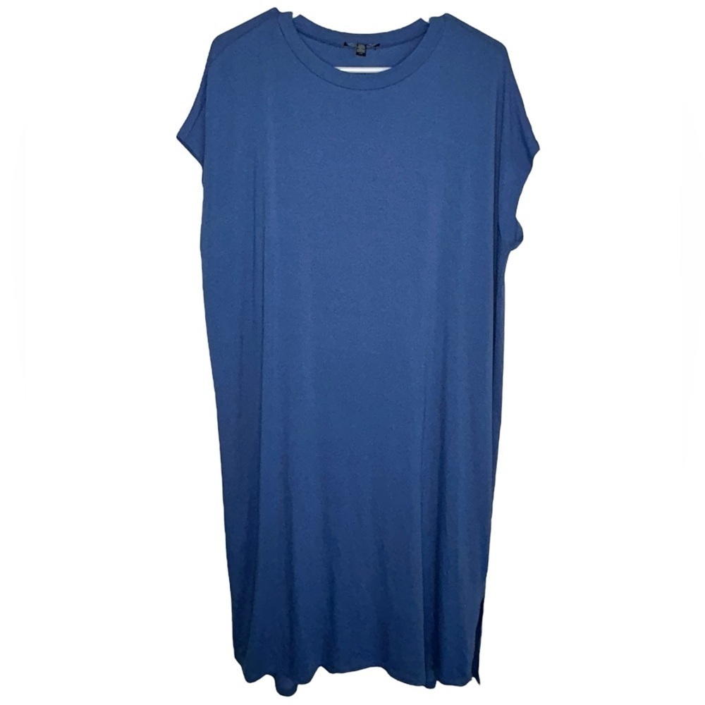 Eileen Fisher Coast Blue Crewneck Boxy Shirt Dress Size Large Lagenlook Boho